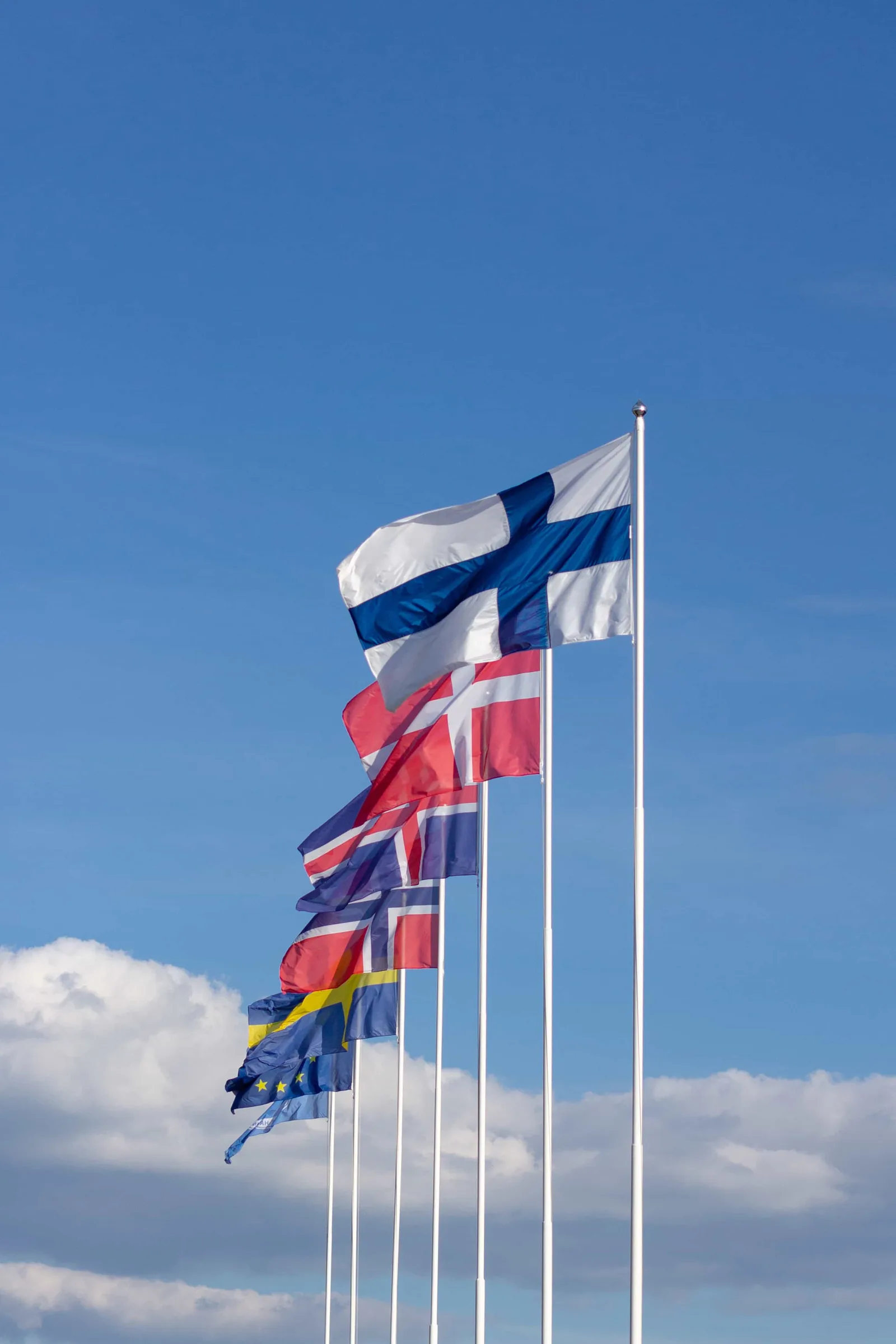 Row of Nordic flags and the European flag flying on white flagpoles against a blue sky