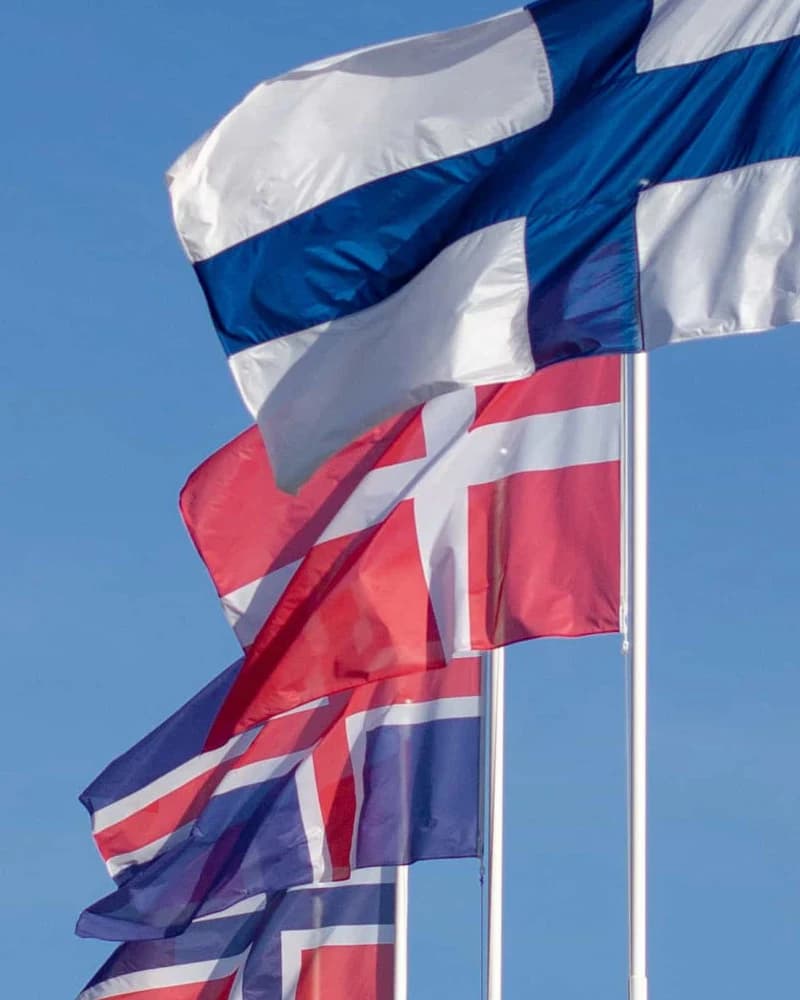 Danish flag flying in a row of Nordic flags on white flagpoles against a blue sky
