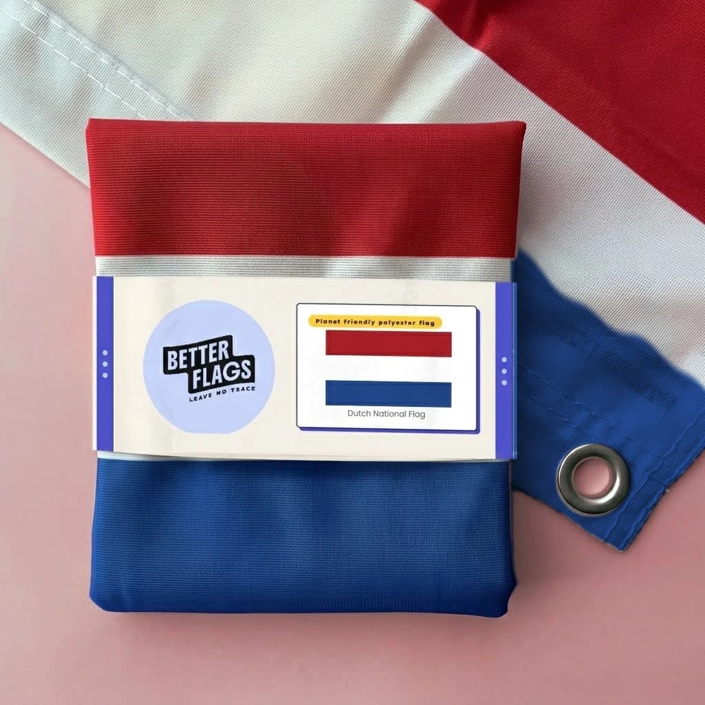 Folded Dutch flag in CiCLO® polyester wrapped in a paper Better Flags band (packaging mockup)