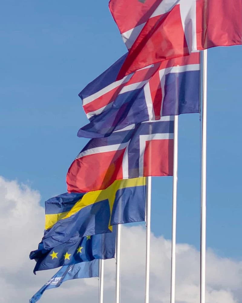 Norwegian flag flying in a row of Nordic flags on white flagpoles against a blue sky